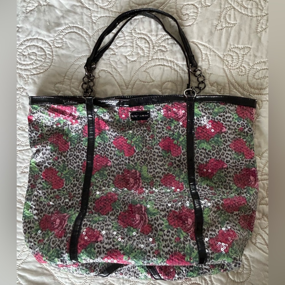 Betsy Johnson large zippered tote /shoulder bag cheetah rose sequin print